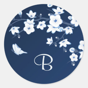 Floral Cherry Blossoms Navy Blue White Monogram Classic Round Sticker