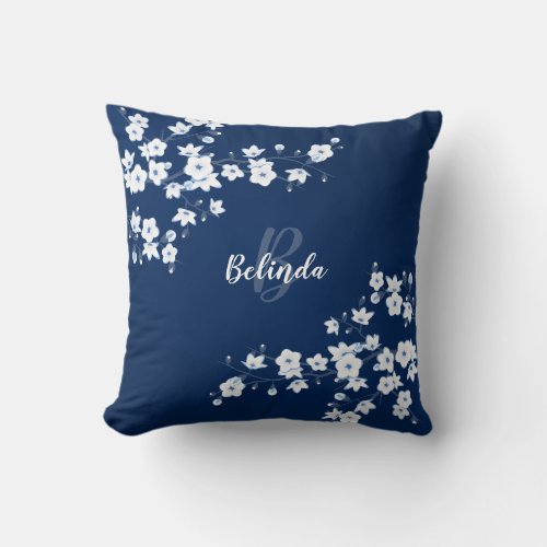 Floral Cherry Blossoms Navy Blue White Monogram Throw Pillow