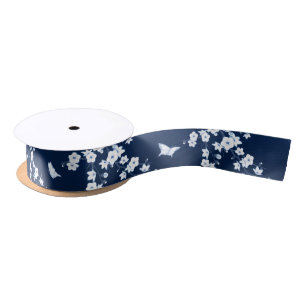 Floral Cherry Blossoms Navy Blue White Satin Ribbon