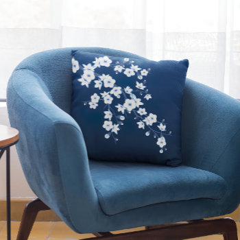 Floral Cherry Blossoms Navy Blue White Throw Pillow by NinaBaydur at Zazzle