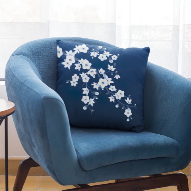 Floral Cherry Blossoms Navy Blue White Throw Pillow (Creator Uploaded)