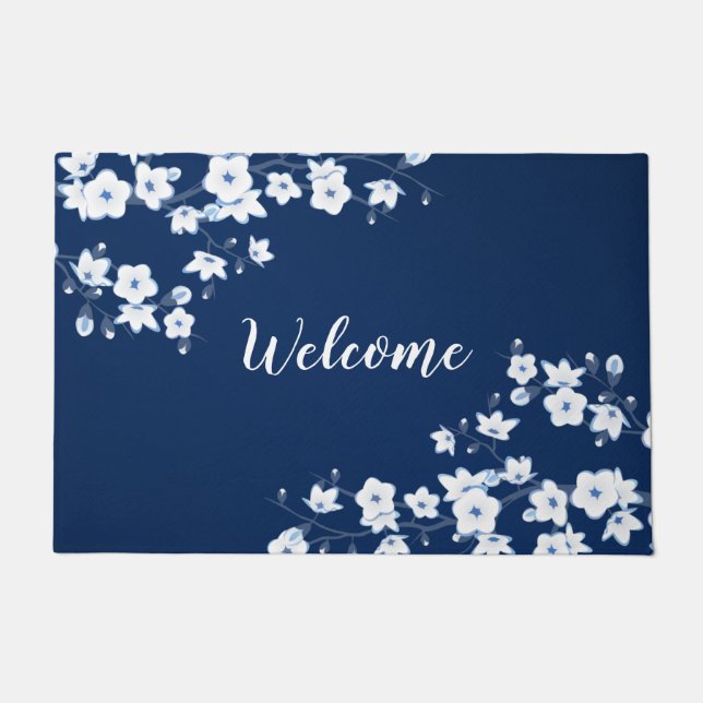 Floral Cherry Blossoms Navy Blue White Welcome Doormat (Front)