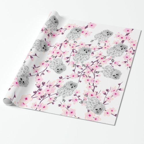 Floral Cherry Blossoms Owls Pink Wrapping Paper