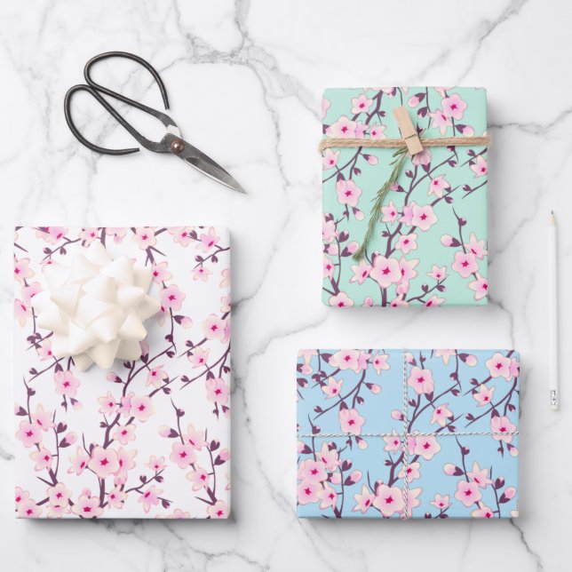 Floral Cherry Blossoms Pastel Tones Wrapping Paper Sheets (Front)