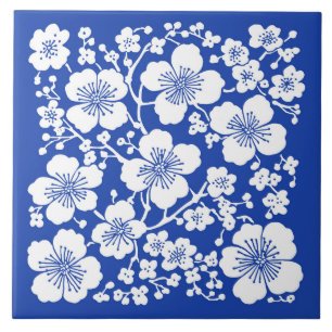 Floral Cherry Blossoms Pattern Blue Ceramic Tile