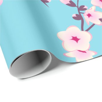 Floral Cherry Blossoms Pattern Pink Sky Blue Wrapping Paper by NinaBaydur at Zazzle