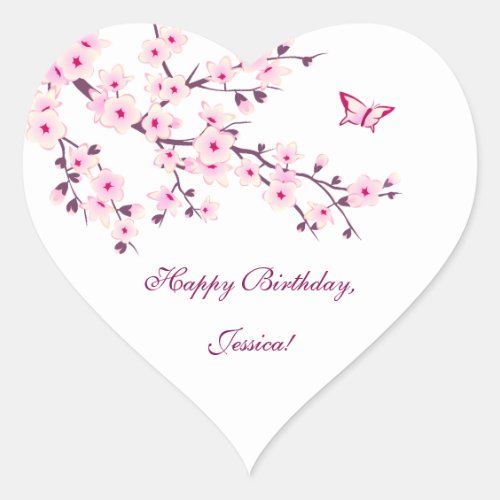 Floral Cherry Blossoms Pink Birthday Heart Sticker