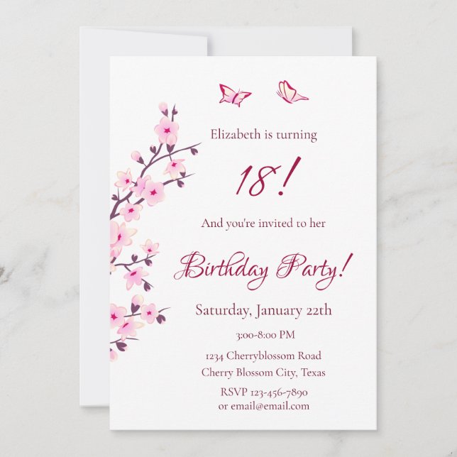 Floral Cherry Blossoms Pink Birthday Invitation (Front)