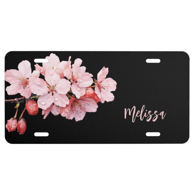 Floral Cherry Blossoms Pink Black Add Text License Plate (Front)