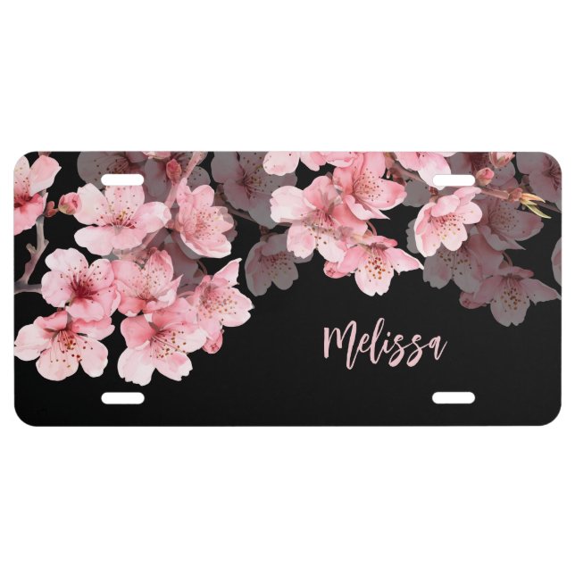 Floral Cherry Blossoms Pink Black Add Text License Plate (Front)