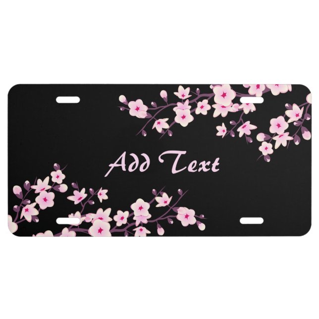 Floral Cherry Blossoms Pink Black Add Text License Plate (Front)