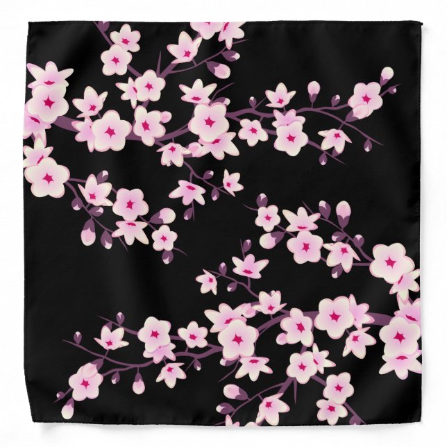 Floral Cherry Blossoms Pink Black Bandana (Front)