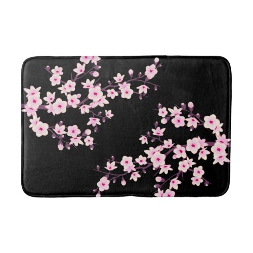 Floral Cherry Blossoms Pink Black Bath Mat