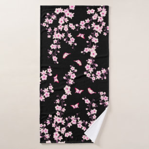 Floral Cherry Blossoms PINK black Bath Towel