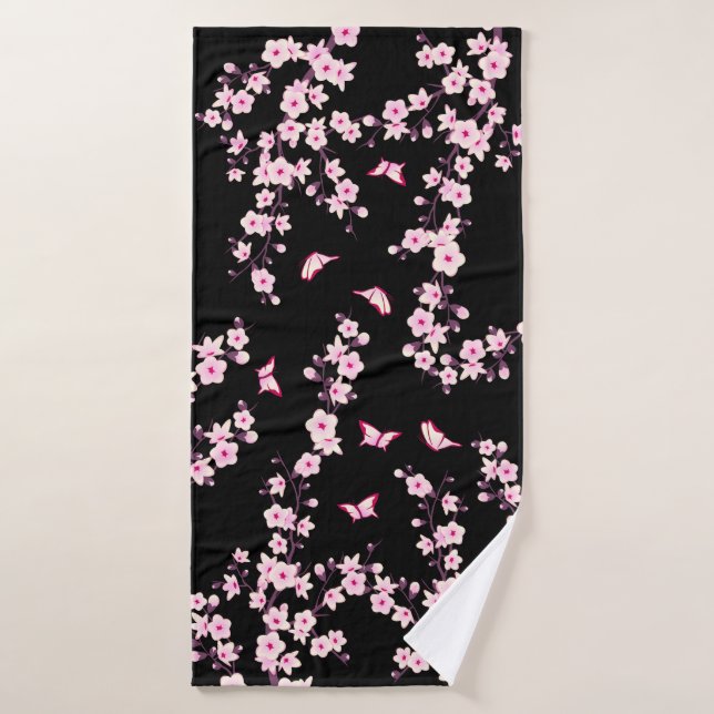 Floral Cherry Blossoms PINK black Bath Towel (Bath Towel)