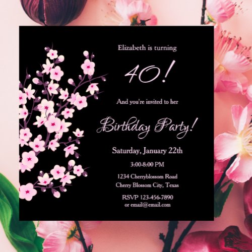 Floral Cherry Blossoms Pink Black Birthday Invitation