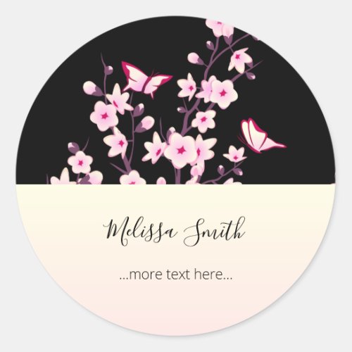 Floral Cherry Blossoms Pink Black Classic Round Sticker