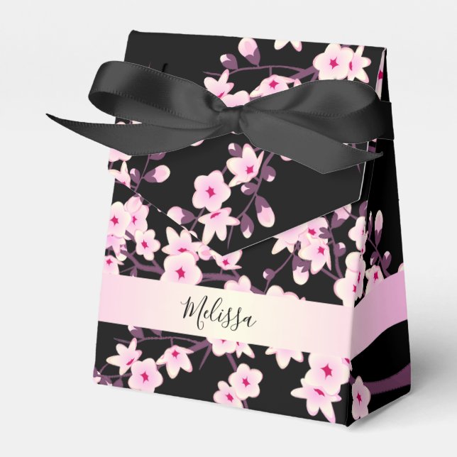 Floral Cherry Blossoms Pink Black Custom Favor Boxes (Front Side)