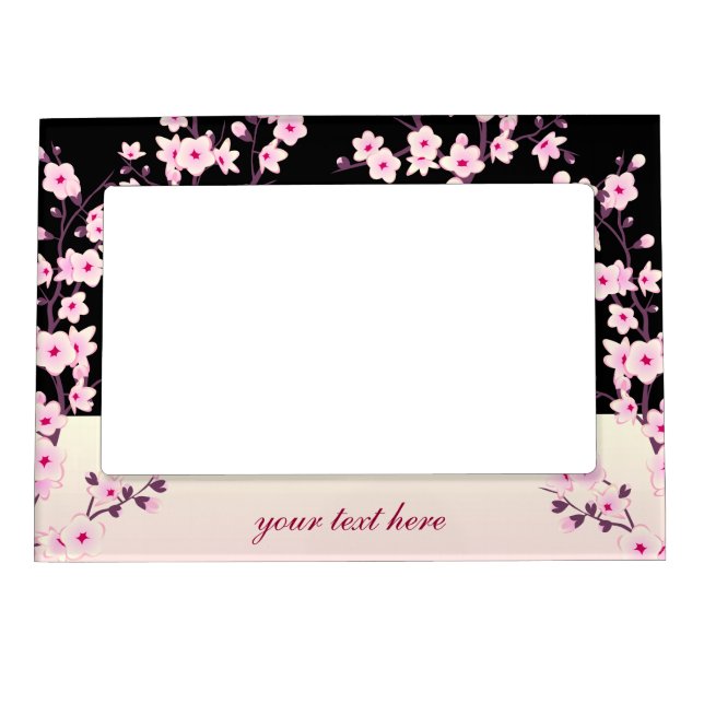Floral Cherry Blossoms Pink Black Custom Text Magnetic Frame (Front)