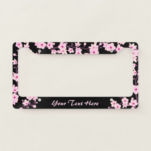 Floral Cherry Blossoms Pink Black License Plate Frame