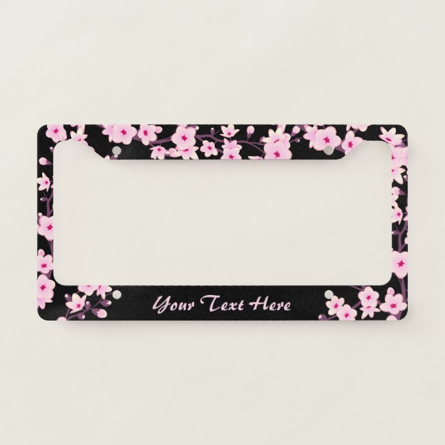 Floral Cherry Blossoms Pink Black License Plate Frame (Front)
