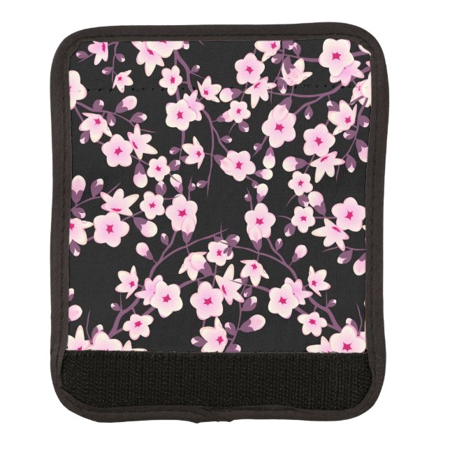 Floral Cherry Blossoms Pink Black Luggage Handle Wrap (Front)
