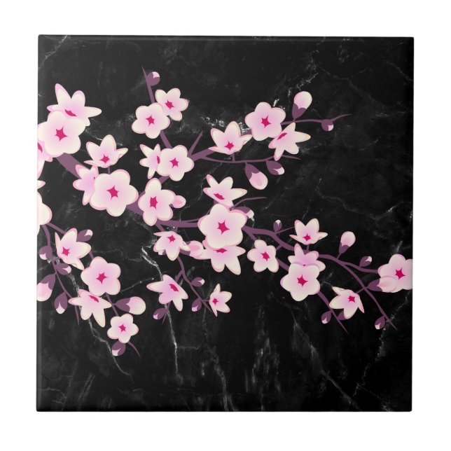 Floral Cherry Blossoms Pink Black Marble Ceramic Tile (Front)