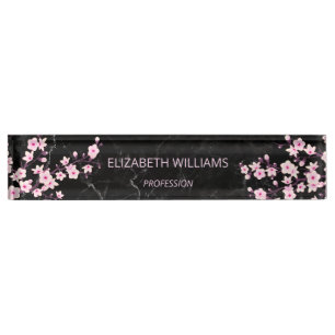 Floral Cherry Blossoms Pink Black Marble Desk Name Plate