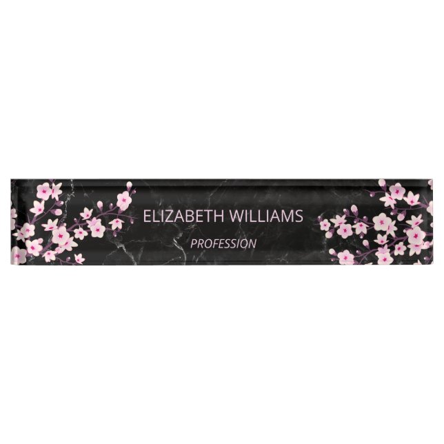 Floral Cherry Blossoms Pink Black Marble Desk Name Plate (Front)