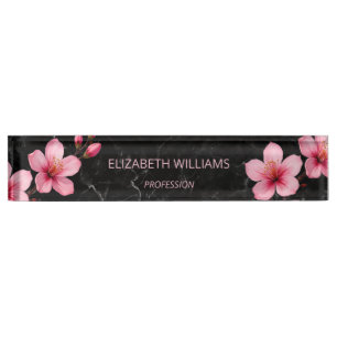 Floral Cherry Blossoms Pink Black Marble Desk Name Plate