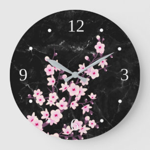 Floral Cherry Blossoms Pink Black Marble Large Clock