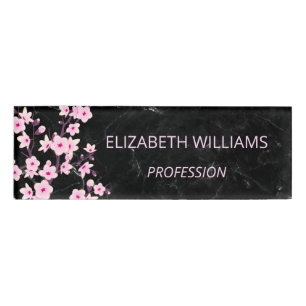 Floral Cherry Blossoms Pink Black Marble Name Tag