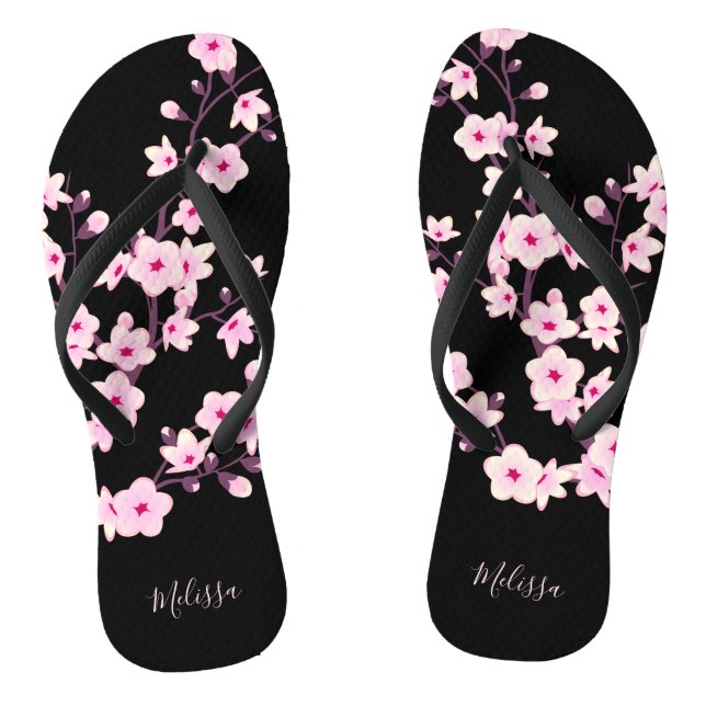 Floral Cherry Blossoms Pink Black Monogram Flip Flops (Footbed)
