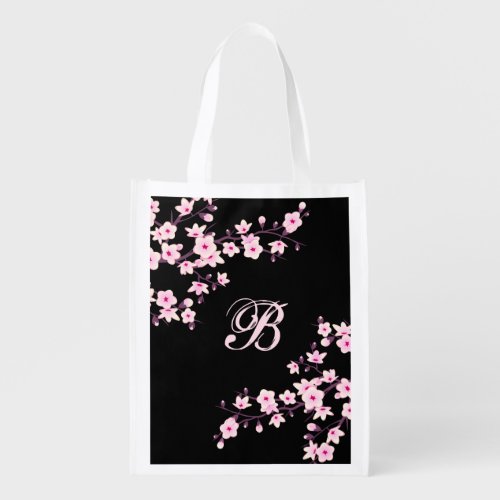 Floral Cherry Blossoms Pink Black  Monogram Grocery Bag