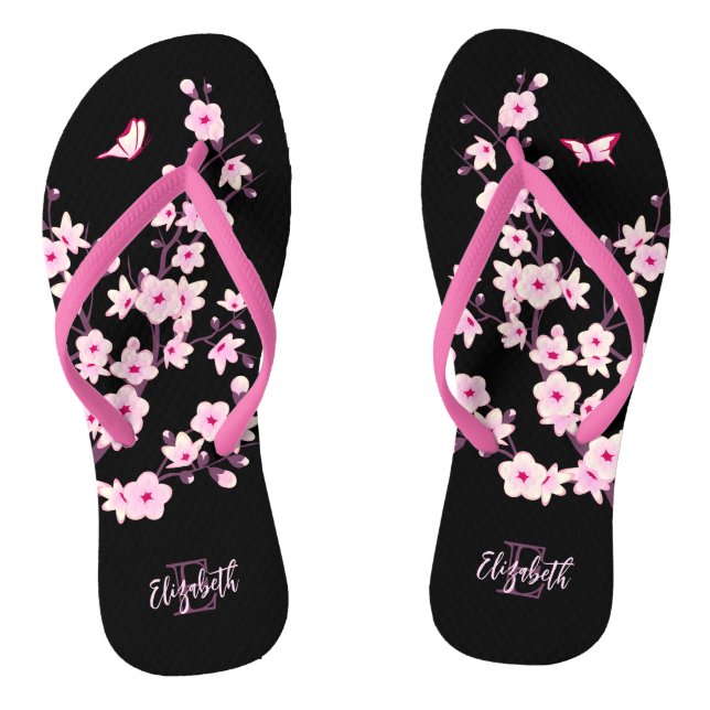Floral Cherry Blossoms Pink Black Name Monogram Flip Flops (Footbed)