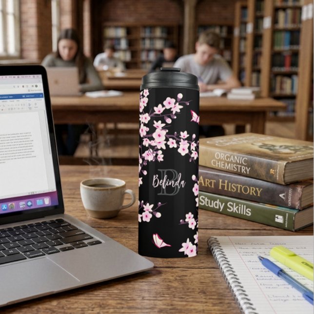 Floral Cherry Blossoms Pink Black Name Monogram   Thermal Tumbler (Creator Uploaded)