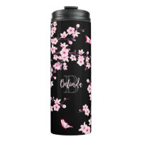 Floral Cherry Blossoms Pink Black Name Monogram  