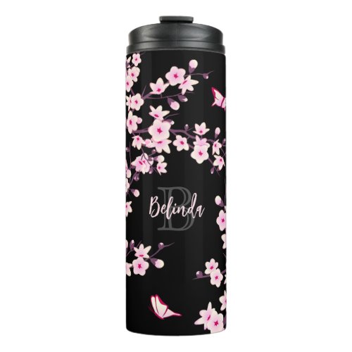 Floral Cherry Blossoms Pink Black Name Monogram   Thermal Tumbler