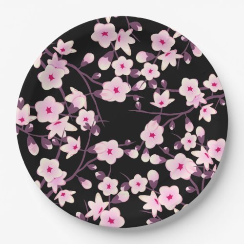 Floral Cherry Blossoms Pink Black Paper Plates