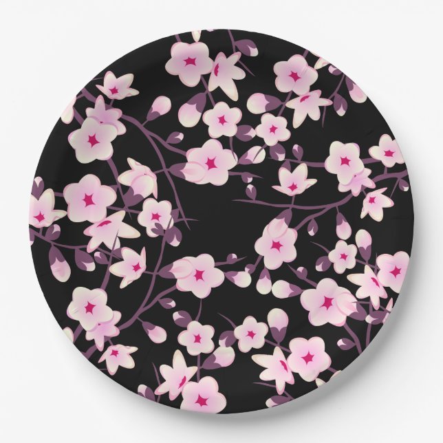 Floral Cherry Blossoms Pink Black Paper Plates (Front)