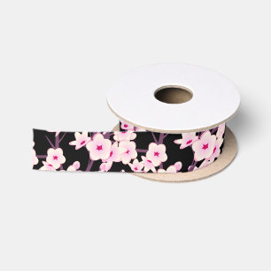 Floral Cherry Blossoms Pink Black Satin Ribbon
