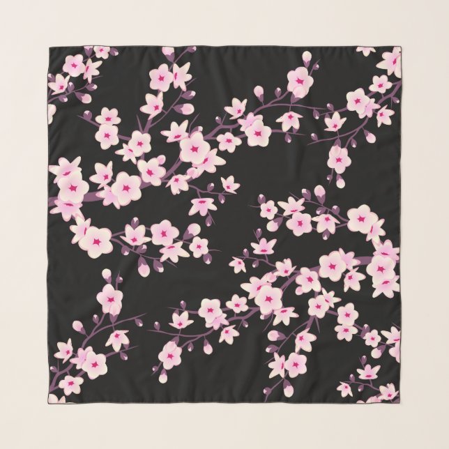 Floral Cherry Blossoms Pink Black Scarf (Front)