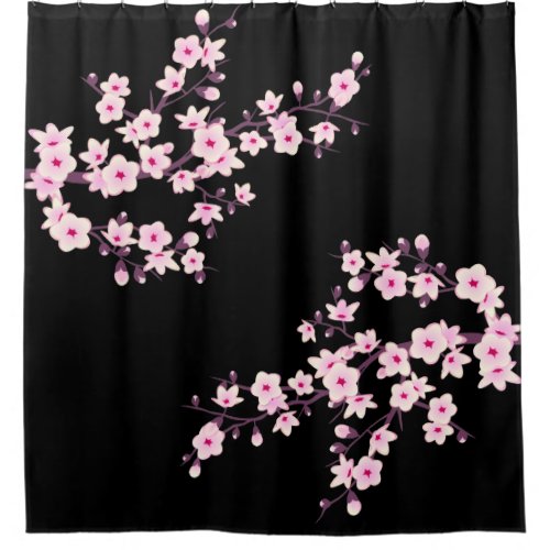 Floral Cherry Blossoms Pink Black Shower Curtain