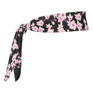 Floral Cherry Blossoms Pink Black Tie Headband
