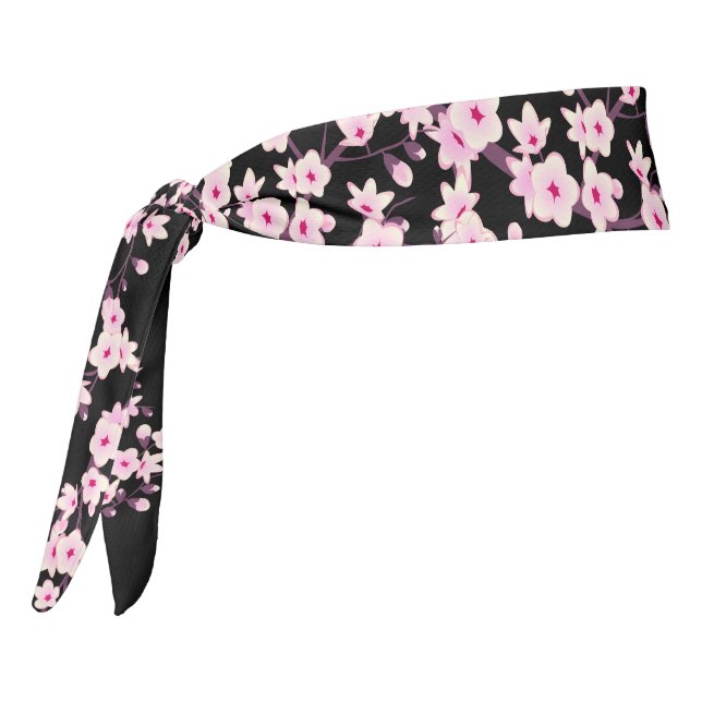 Floral Cherry Blossoms Pink Black Tie Headband (Rotate 270)