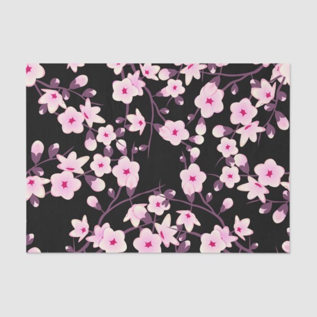 Floral Cherry Blossoms Pink Black Tissue Paper (Front)