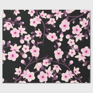 Floral Cherry Blossoms Pink Black Wrapping Paper