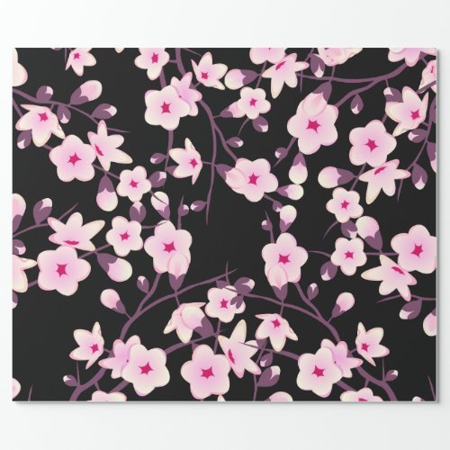 Floral Cherry Blossoms Pink Black Wrapping Paper