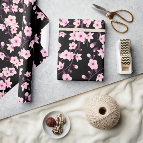 Floral Cherry Blossoms Pink Black  Wrapping Paper