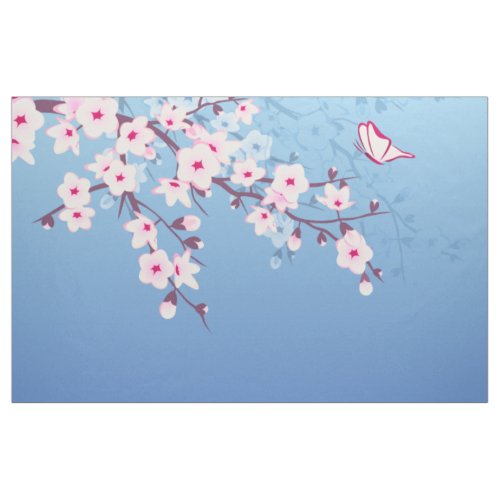 Floral Cherry Blossoms Pink Blue Fabric